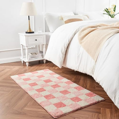 CozeCube Blossom Pink Checkered Bath Mat 32"x20" Non Slip Washable Rug