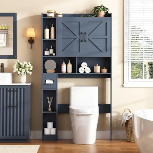 Vabches Over The Toilet Storage Cabinet with 2 Barn Doors, Blue