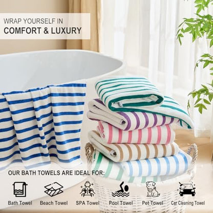 JML Microfiber Beach Towels, 4 Pack, 27" x 55", Cabana Stripe Purple