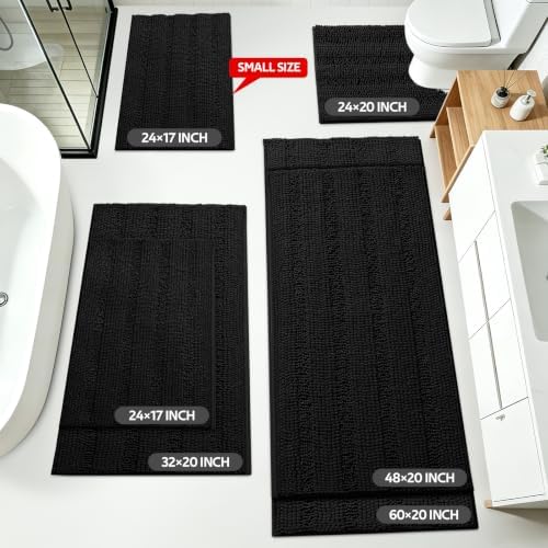 ACCUMTEK Striped Black Bathroom Rug Mat Set 2 piece 24"x17"+48"x20" Ultra Soft, Non Slip Chenille Bath Rugs, Absorbent Plush Shaggy Bath Mats for Bathroom, Bedroom, Kitchen, Shower, Tub