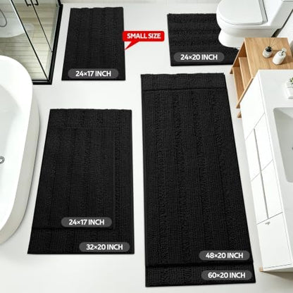 ACCUMTEK Striped Black Bathroom Rug Mat Set 2 piece 24"x17"+48"x20" Ultra Soft, Non Slip Chenille Bath Rugs, Absorbent Plush Shaggy Bath Mats for Bathroom, Bedroom, Kitchen, Shower, Tub