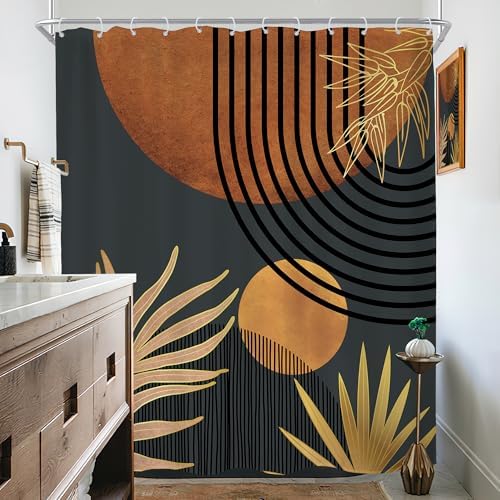 Mid Century Brown Black Boho Abstract Modern Bathroom Shower Curtain Set