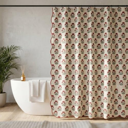 Boomkin Block Print Scalloped Shower Curtain Set with 12 Hooks