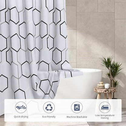 Modern Black and White Hexagon Geometric Shower Curtain, 36"W x 72"L