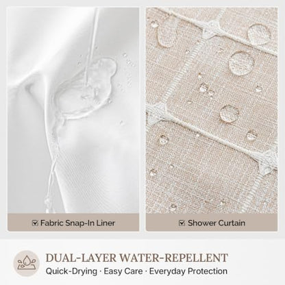 RiverDream Farmhouse No Hooks Shower Curtain with Snap-in Liner,Linen,71x98