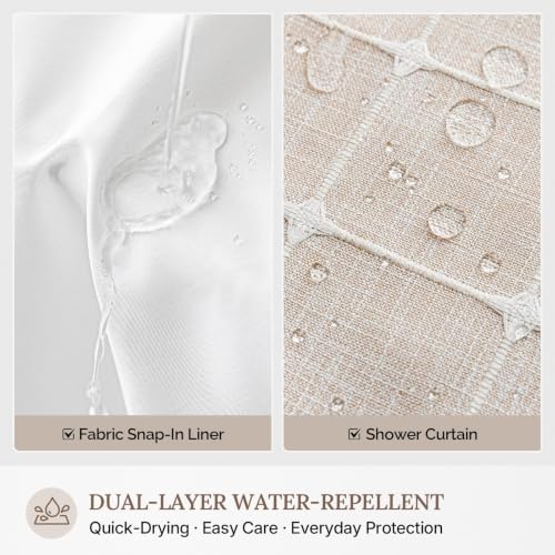 RiverDream Farmhouse No Hooks Shower Curtain with Snap-in Liner,Linen,71x74