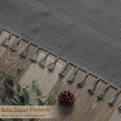 OVZME Extra Long Charcoal Grey Shower Curtain 96 Inch Long, Boho Chic Textured Soft Fabric Heavy Duty Cloth Bathroom Shower Curtain with Tassel, Tall Farmhouse Luxury Bath Decor, 72Wx96L Inches