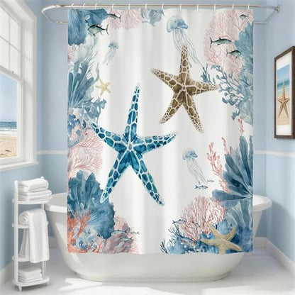 Coral Beach Shower Curtain for Bathroom, Ocean Coastal Theme, 72x72 In
