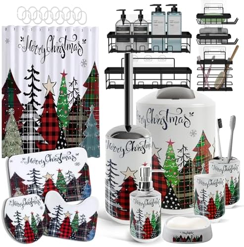 Clara Clark Bathroom Accessories Set - Christmas Shower Curtain Set, 27PC Xmas Bathroom Set with Adhesive Corner Shower Caddy Hanging, Christmas Bathroom Sets with Shower Curtain and Rugs