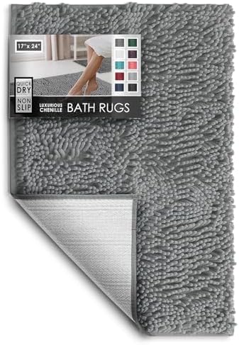 Hearth & Harbor Bathroom Rugs, Chenille Bath Mat - Machine Washable Bath Mats for Bathroom Non-Slip Backing Rubber, Quick Dry Bathroom Mat, 17 x 24 - Frost Grey
