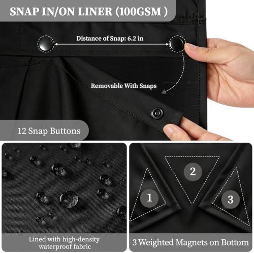 BTTN Black Ringless Linen Textured Shower Curtain with Snap in Liner, 72x75
