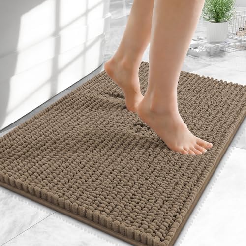 OLANLY Thick Chenille Small Bathroom Rugs 24x16, Absorbent Bath Mat, Tan