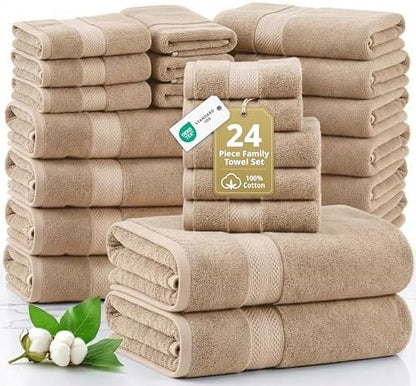LANE LINEN Towel Set Quick Dry 100% Cotton 24 Piece Soft Absorbent - Beige