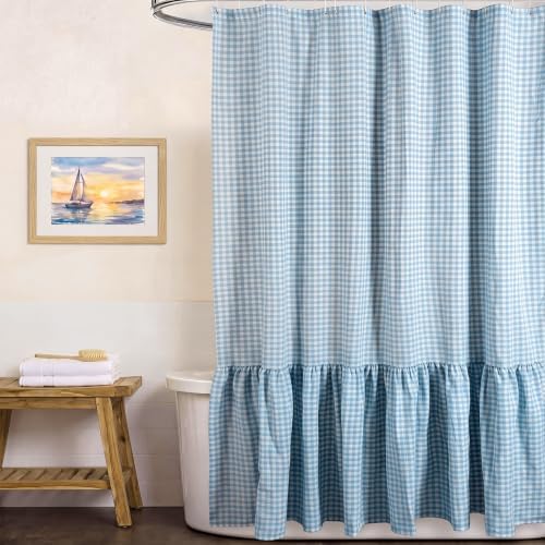 HunnmingRe Ruffle Hem Gingham Shower Curtain Light Blue