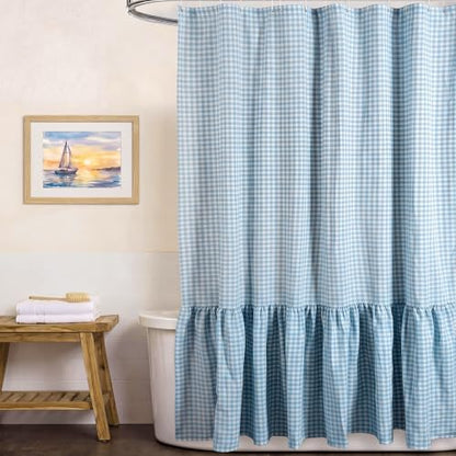 HunnmingRe Ruffle Hem Gingham Shower Curtain Light Blue