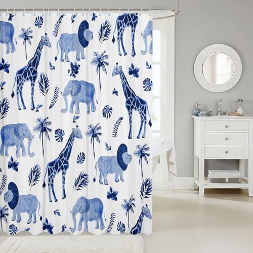Feelyou Safari Animal Shower Curtain Kids Boys Elephant Lion Giraffe Bathroom Waterproof Accessories with 12 Hooks 72x84 Inches Hunter Blue Rust Wildlife Room Decor