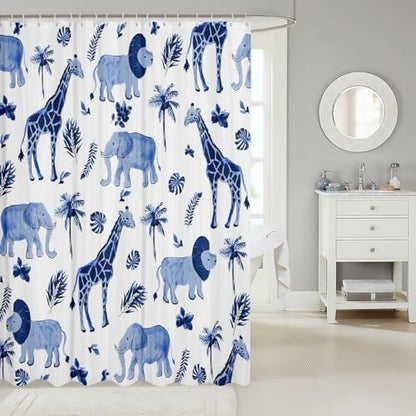 Feelyou Safari Animal Shower Curtain Kids Boys Elephant Lion Giraffe Bathroom Waterproof Accessories with 12 Hooks 72x78 Inches Hunter Blue Rust Wildlife Room Decor