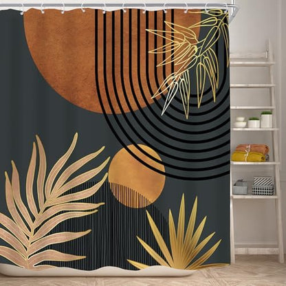 Mid Century Brown Black Boho Abstract Modern Bathroom Shower Curtain Set