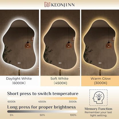 Keonjinn Irregular Backlit Bathroom Mirror 40 x 24 Inch, HD Tempered Glass