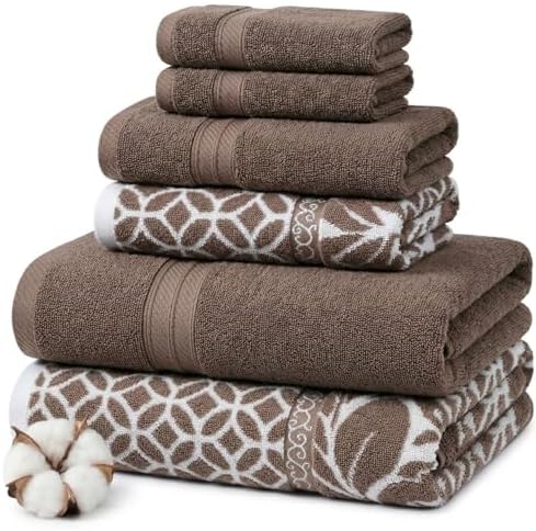 Modern Threads 6 Piece Bath Towel Set – Bathroom Set with 2 Bath Towels, 2 Hand Towels, and 2 Wash Cloths – 100% Cotton, Super Absorbent & Extra Soft – Reversible Botanical Vine (Taupe Brown)