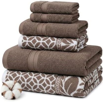 Modern Threads 6 Piece Bath Towel Set – Bathroom Set with 2 Bath Towels, 2 Hand Towels, and 2 Wash Cloths – 100% Cotton, Super Absorbent & Extra Soft – Reversible Botanical Vine (Taupe Brown)