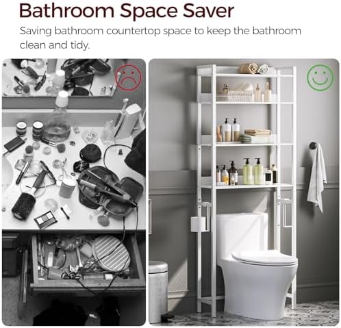 MAHANCRIS Over The Toilet Storage Rack, 4 Tier Bathroom Organizer Over Toilet, Freestanding Space Saver Toilet Stand with 2 Hooks, Bathroom Storage Shelf, Easy to Assemble, White TSBW0401