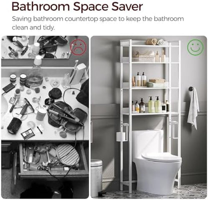 MAHANCRIS Over The Toilet Storage Rack, 4 Tier Bathroom Organizer Over Toilet, Freestanding Space Saver Toilet Stand with 2 Hooks, Bathroom Storage Shelf, Easy to Assemble, White TSBW0401