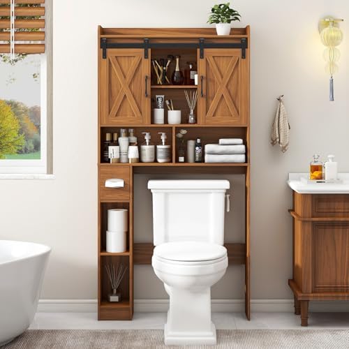 Vabches Over The Toilet Storage Cabinet with Sliding Doors, Caramel