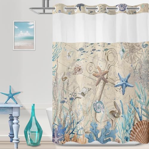 No Hook Shower Curtain and Liner Set, Retro Brown Beach Coastal 71x84