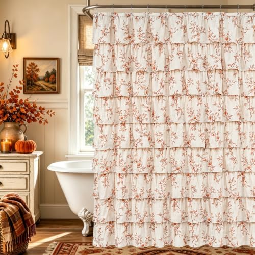Fall Extra Long Ruffle Shower Curtains for Bathroom with Floral, 72"Wx84"L