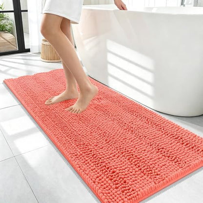 OLANLY Thick Bathroom Runner Rugs 47x17, Soft Chenille Bath Rugs, Coral