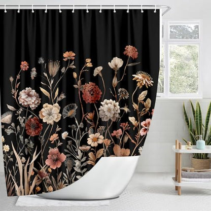 Vintage Boho Black Floral Shower Curtain, Beige Brown Cream Tan Rustic Farmhouse Flower Shower Curtain Set, Cute Botanical Wlidflowers Fabric Shower Curtains Decoration, 72X72 Bathroom Accessories