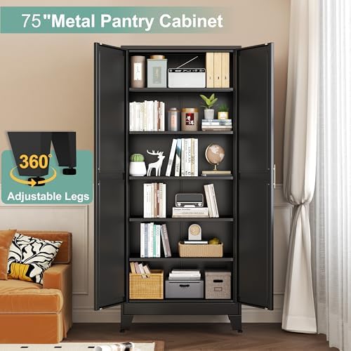 Metal Pantry Cabinet with 2 Doors and 5 Adjustable Shelves, 75"Kitchen Storage cabinets with Gold Handles, Versatile Storage for Laundry Room, Living Room, Bathroom, Dinning Room, Utility Room-Black