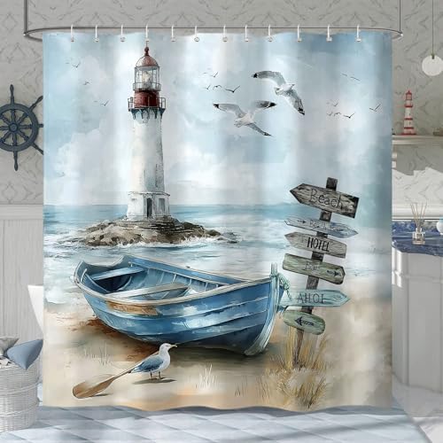 Nautical Coastal Shower Curtain, Ocean Beach Lighthouse Shower Curtain, Blue Teal Seasides Sailboat Bathroom Accessories Fabric Waterproof with Hooks,60X70in