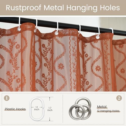 WAZZIO Bunrt Orange Lace Shower Curtain for Bathroom 72" W x 72" L, Victorian Farmhouse Floral Pattern Tassel Fancy Shower Curtain Boho Washable Cloth Decorative Bath Curtains,1 Panel