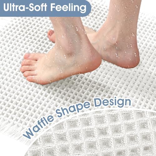 ACCUMTEK Upgraded Waffle Bath Mat, 36"x24" White, Super Absorbent Non-Slip Quick Dry Bathroom Rugs with Tassels, Machine Washable Ultra Soft Boho Bath Rugs for Floor, Toilet Mats Boho Farmhouse Decor