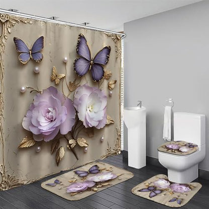 Chrainy 4pcs Vintage Butterfly Shower Cutain Set Bathroom Decor with Rugs