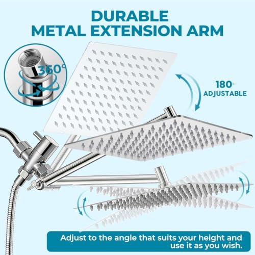 Shower Head, Rain Shower Head with Handheld Spray Combo, 12Inch Adjustable High Pressure Rainfall Shower Head, Dual Showerhead Set with Extension Arm