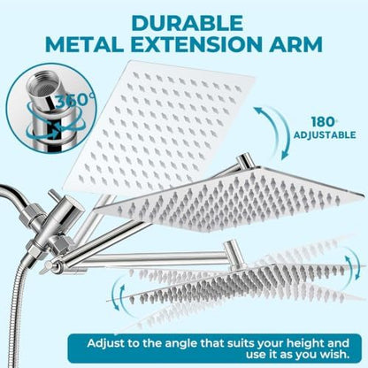 Shower Head, Rain Shower Head with Handheld Spray Combo, 12Inch Adjustable High Pressure Rainfall Shower Head, Dual Showerhead Set with Extension Arm