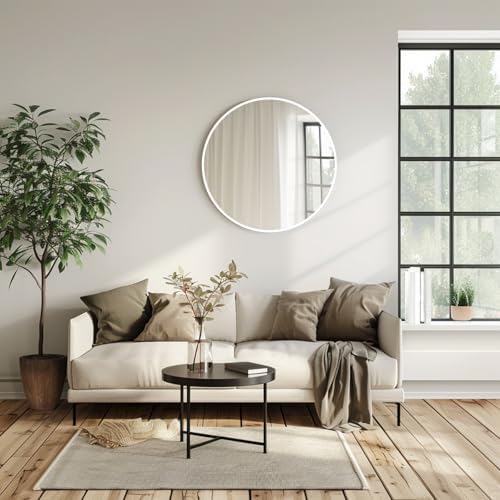 White Round Mirror 20 inch, Circle Mirror, Matte White Metal Frame
