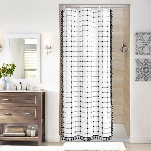 Boho Farmhouse Classic Plaid Linen Tassel Shower Curtain White Black,36x72