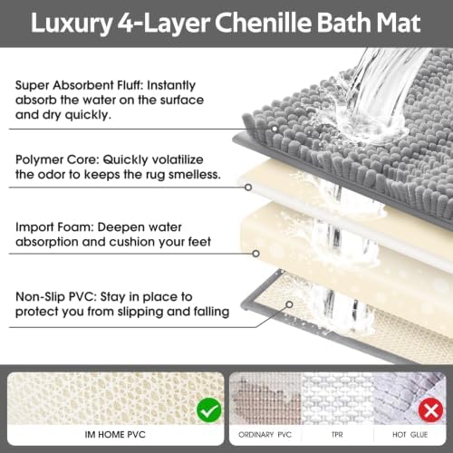 Striped Light Grey Bathroom Rug Mat Set 2 piece 32"x20"+24"x17" Ultra Soft, Non Slip Chenille Bath Rugs, Absorbent Plush Shaggy Bath Mats for Bathroom, Bedroom, Kitchen, Shower, Tub,Light Gray
