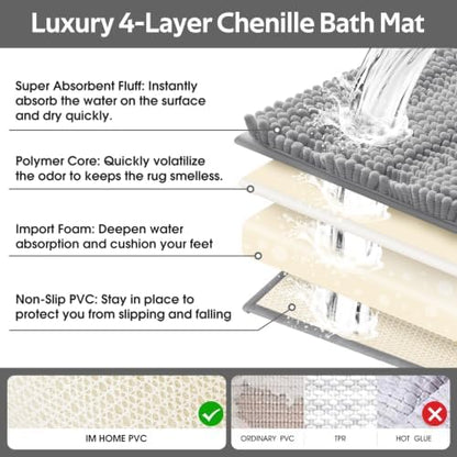 Striped Light Grey Bathroom Rug Mat Set 2 piece 32"x20"+24"x17" Ultra Soft, Non Slip Chenille Bath Rugs, Absorbent Plush Shaggy Bath Mats for Bathroom, Bedroom, Kitchen, Shower, Tub,Light Gray