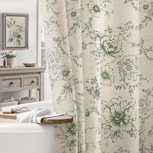 Farmhouse Floral Vintage Shower Curtain for Bathroom, Green and Tan Taupe