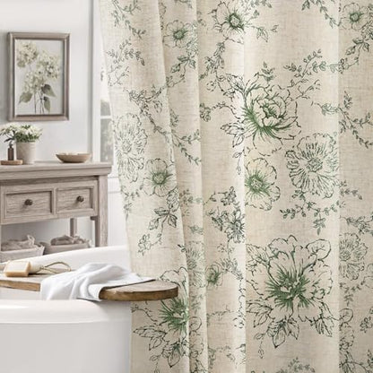 Farmhouse Floral Vintage Shower Curtain for Bathroom, Green and Tan Taupe