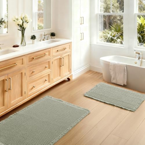 JIUZHEN Set of 2 Waffle Bath Mats Boho Bath Rugs 16x24&18x30, Sage Green