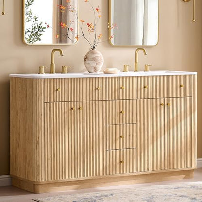 T4TREAM 60" Fluted Bathroom Vanity with Double Sink, Natural Oak