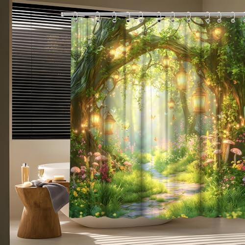 Fantasy Forest Path Shower Curtain Fairy Magical Enchanted Misty Jungle Mushroom Floral Tree Butterfly Lantern Spring Wonderland Bath Curtain Fabric Bathroom Accessories Decor with Hooks 80W x70L