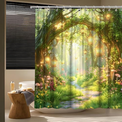 Fantasy Forest Path Shower Curtain Fairy Magical Enchanted Misty Jungle Mushroom Floral Tree Butterfly Lantern Spring Wonderland Bath Curtain Fabric Bathroom Accessories Decor with Hooks 70W x84L