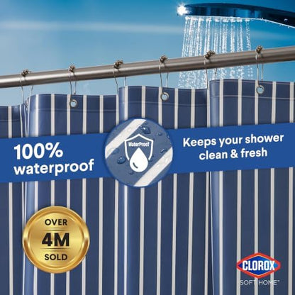 Clorox Shower Curtain Liner, Premium Striped Medium-Weight Durable Waterproof 6g PEVA for Bathroom with Weighted Magnets, Printed Standard Size 72" x 72", Navy